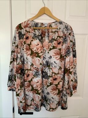 Carolina Belle Floral V-Neck Blouse - Pink & Olive 3X